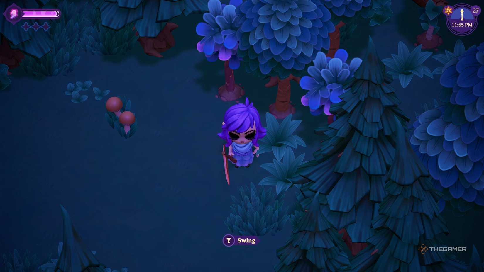 Player standing in front of grass with a scythe tool in Moonlight Peaks.