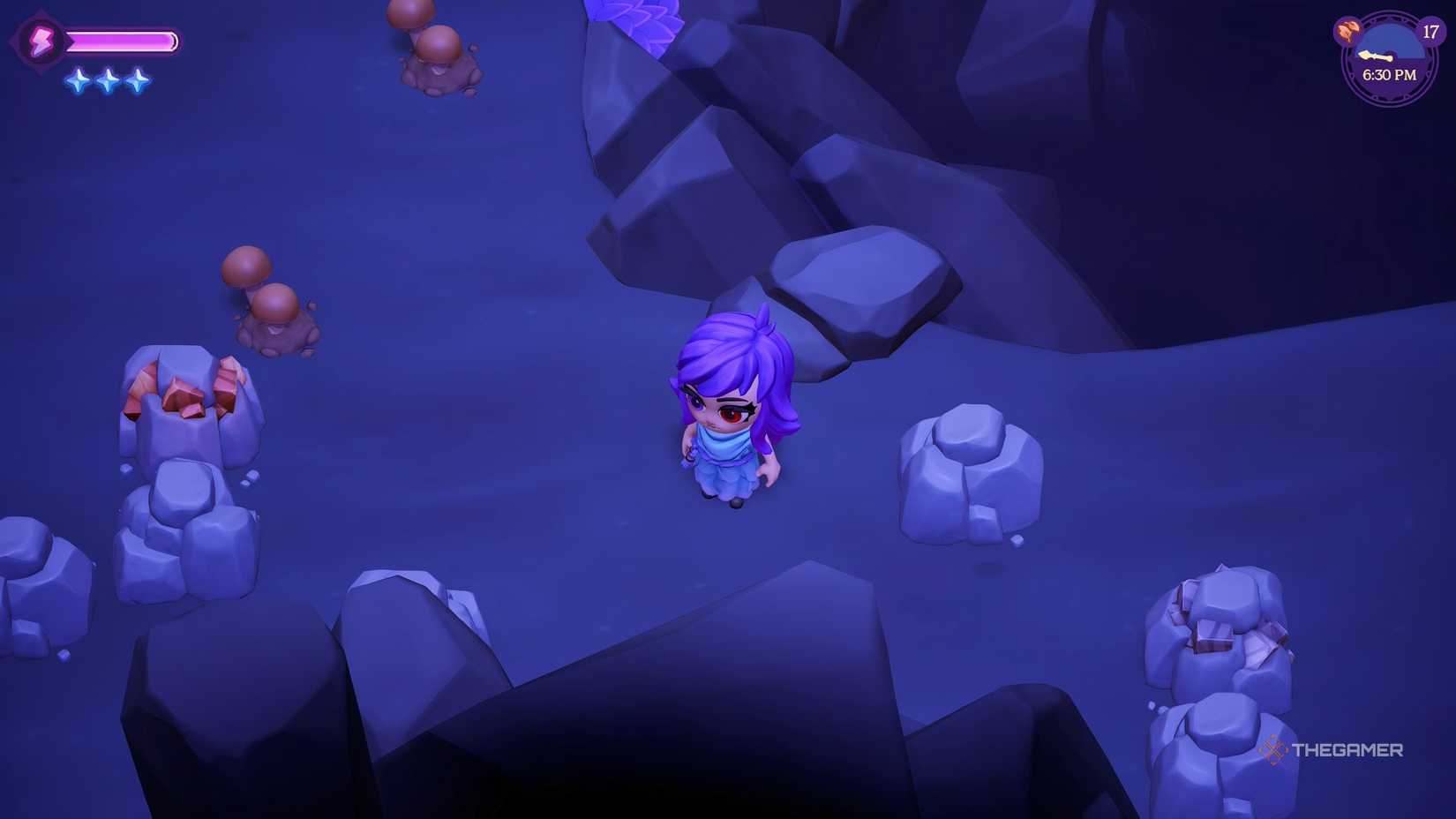 Player standing in a cave near Stone, Copper, and Iron deposits in Moonlight Peaks.