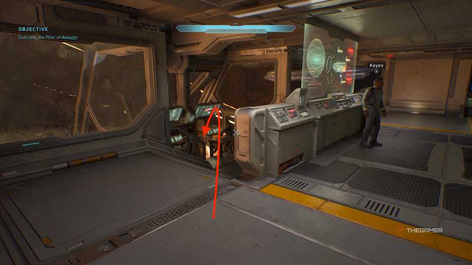Arrow pointing to a space below two pilots in Halo Campaign Evolved.