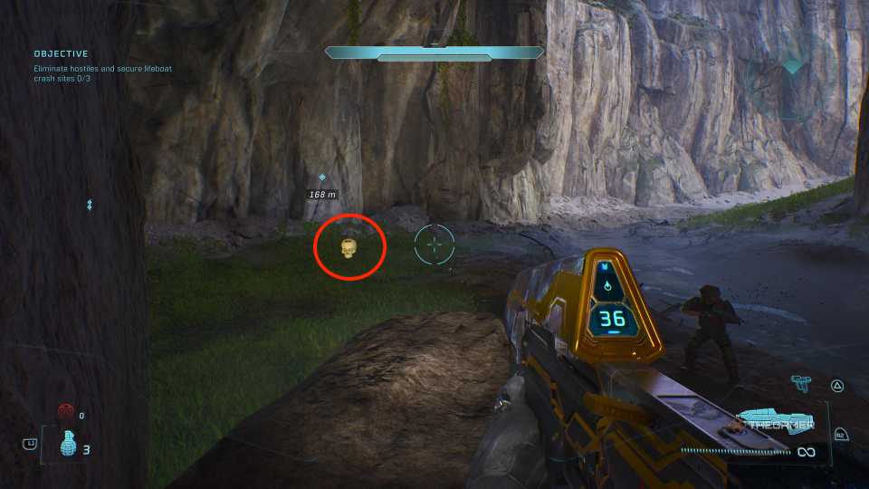 Skull floating above a rock in a cave in Halo Campaign Evolved.