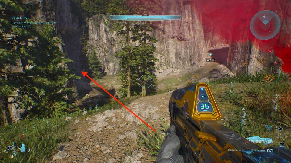Arrow pointing at a canyon path in Halo: Campaign Evolved.