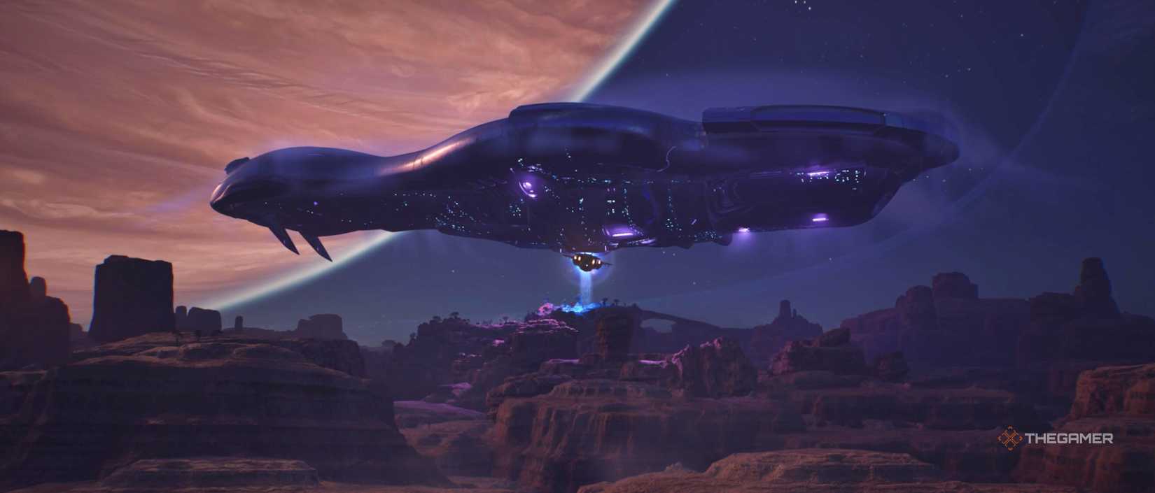 The covenant battle cruiser flying above desert canyons in Halo: Campaign Evolved.