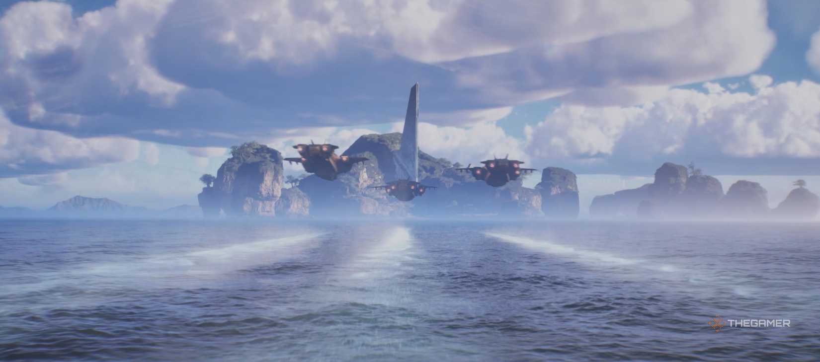Ships flying over water towards an island in The Silent Cartographer mission of Halo: Campaign Evolved.
