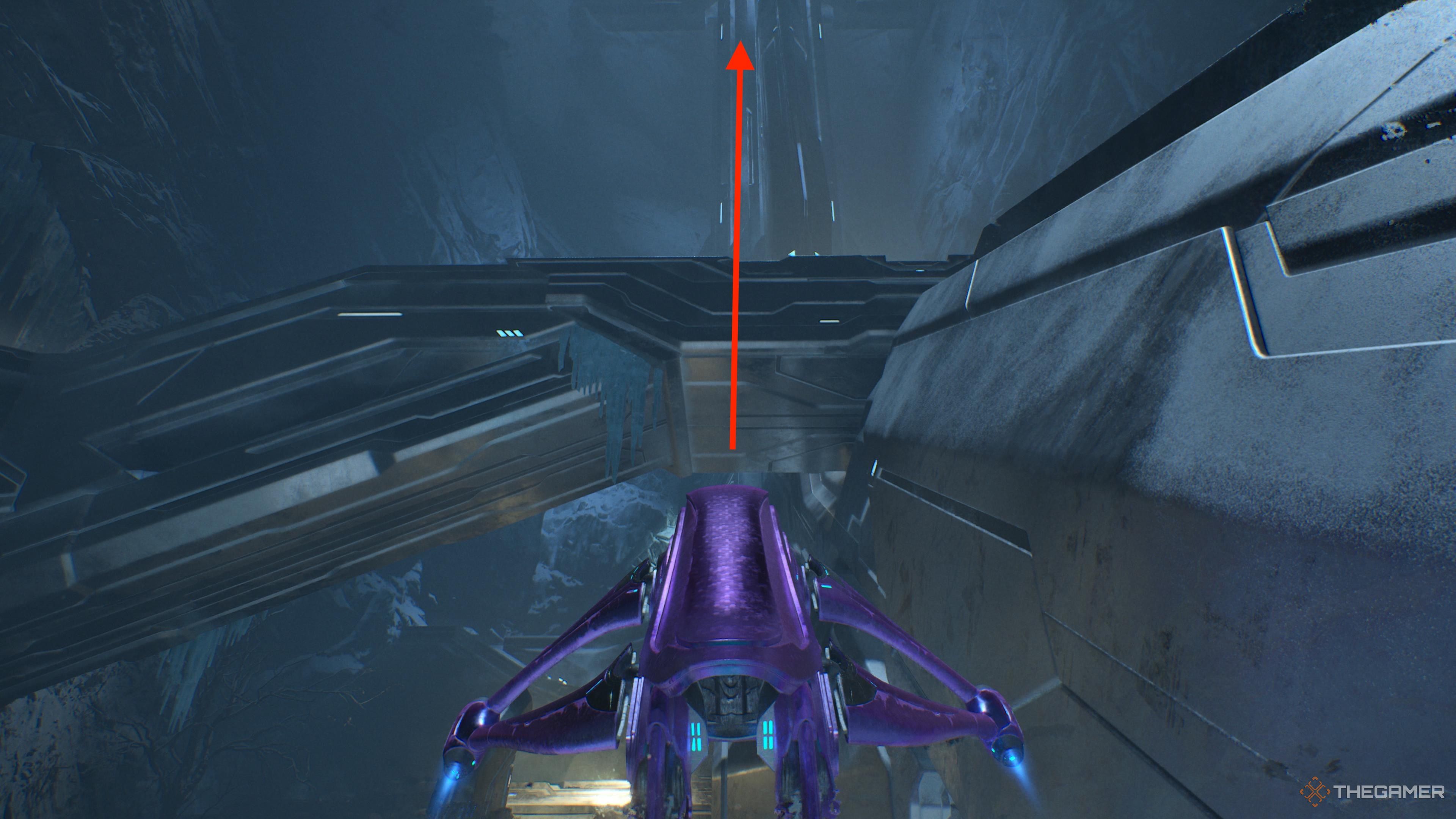 An arrow pointing up while flying in a banshee in the snow in Halo Campaign Evolved.