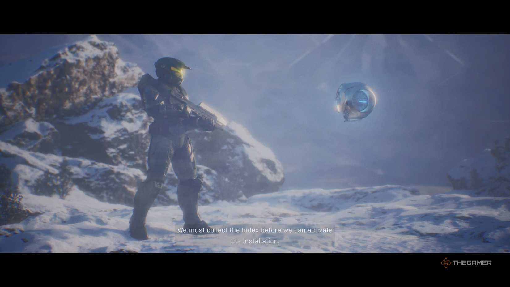 Master Chief and 343 Guilty Spark outside in the snow, facing each other, in Halo: Campaign Evolved.