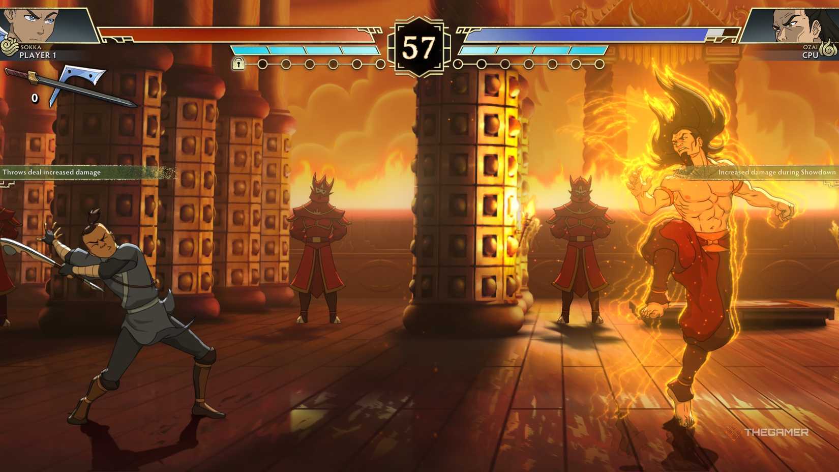 Sokka uses his heavy attack against Ozai in Avatar Legends: The Fighting Game.