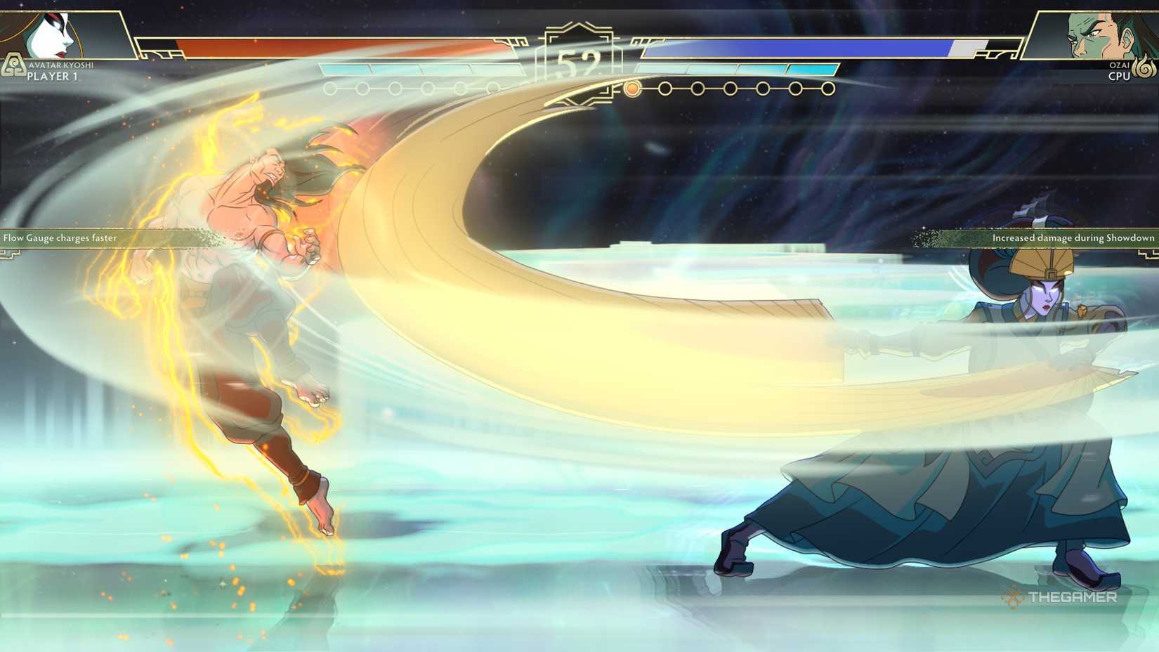 Kyoshi uses his heavy attack against Ozai in Avatar Legends: The Fighting Game.