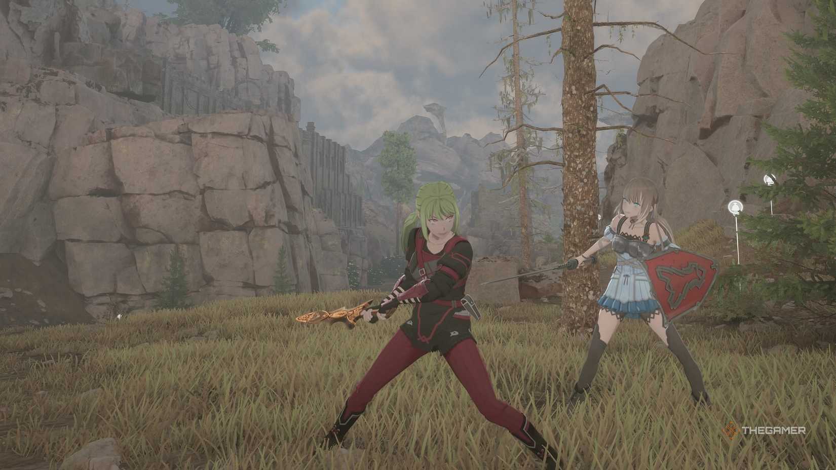 Iori and a character posing with their weapons in Echoes of Aincrad.