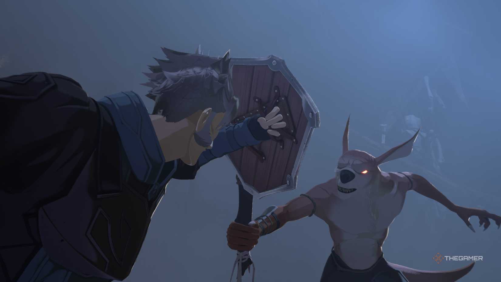 Iori shielding against an enemy in Echoes of Aincrad.