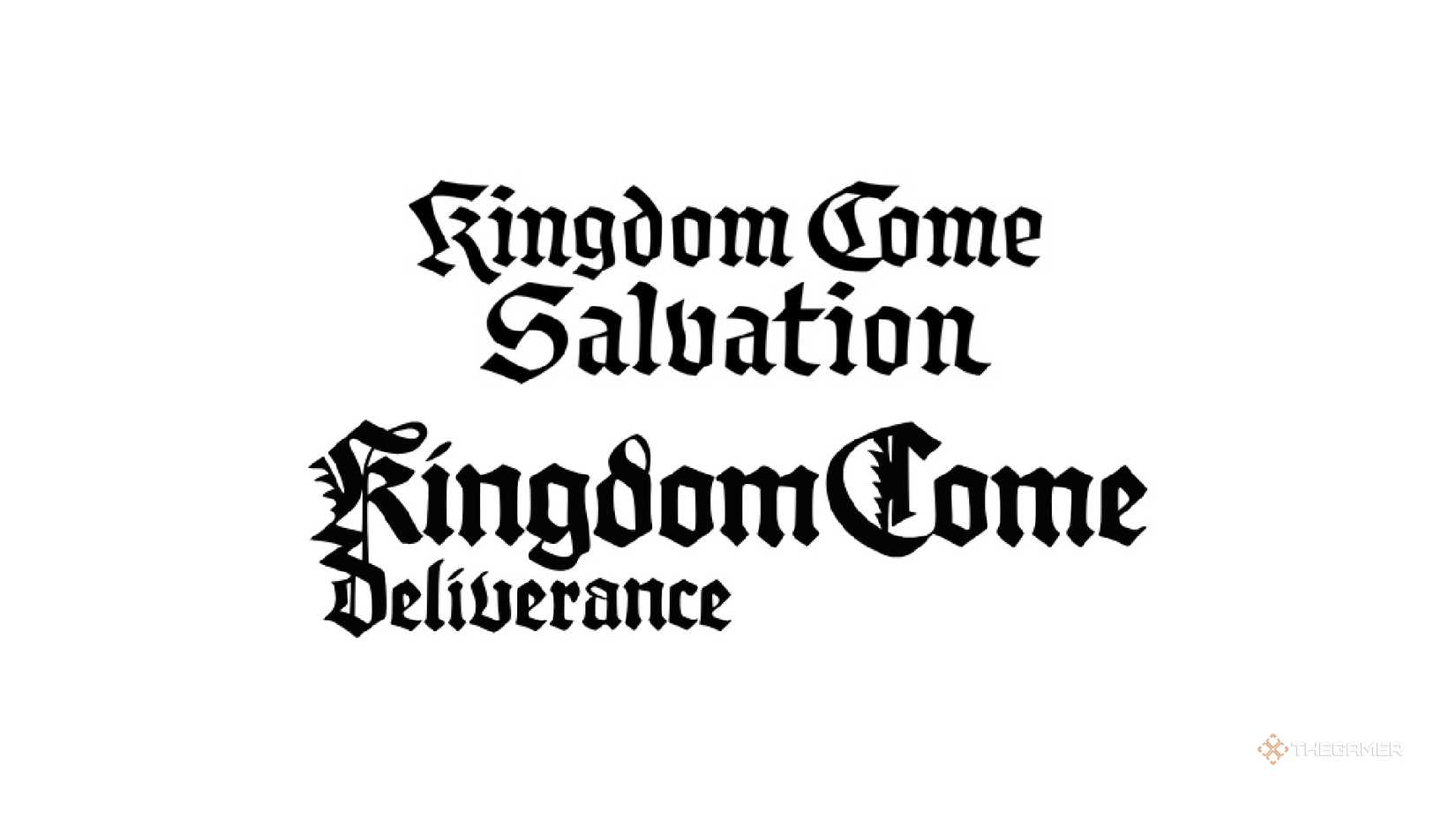 Kingdom Come Salvation and Deliverance logos on a white background.