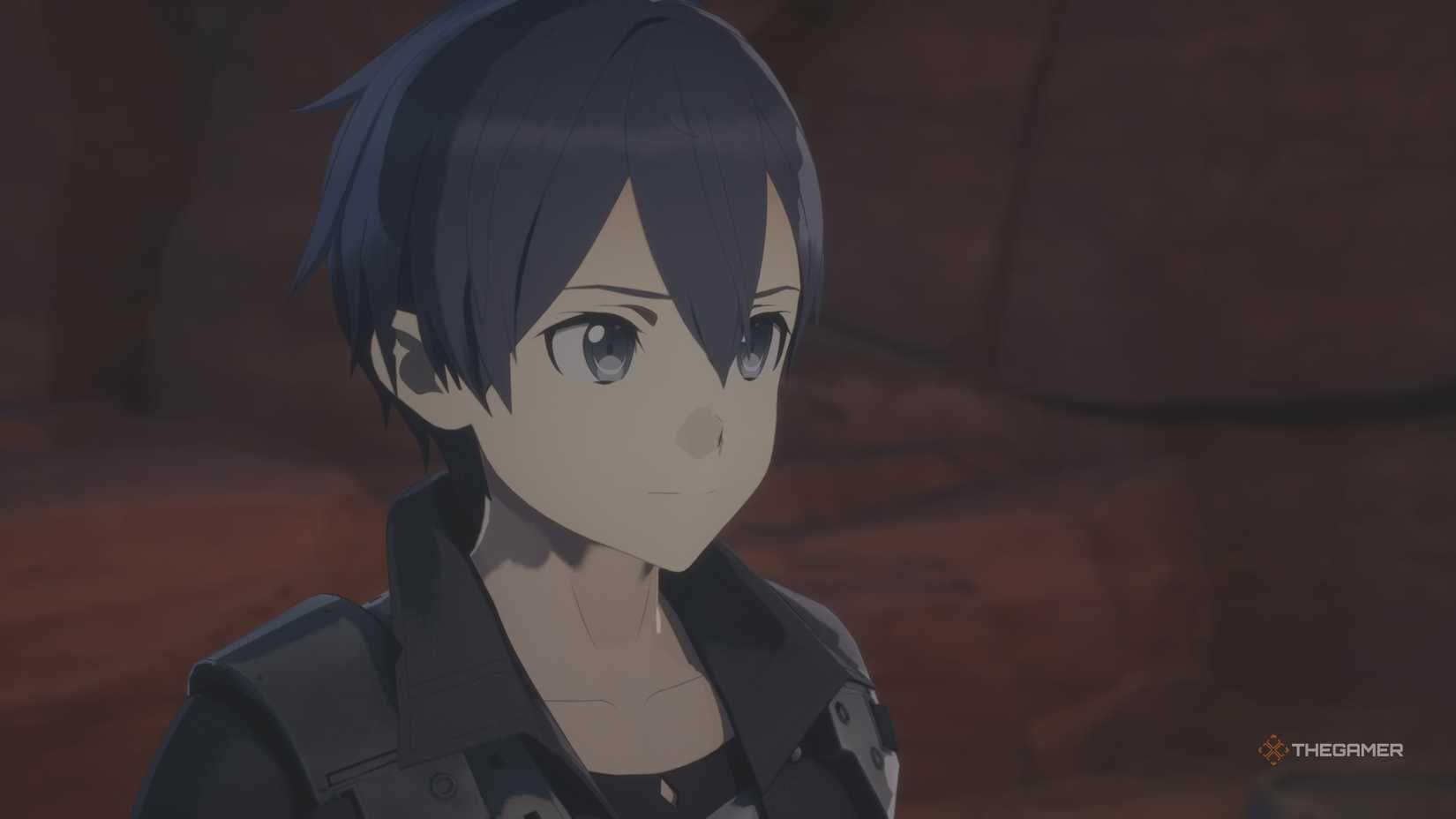 Kirito looks worried in the rock cave in Aincrad's Echoes.