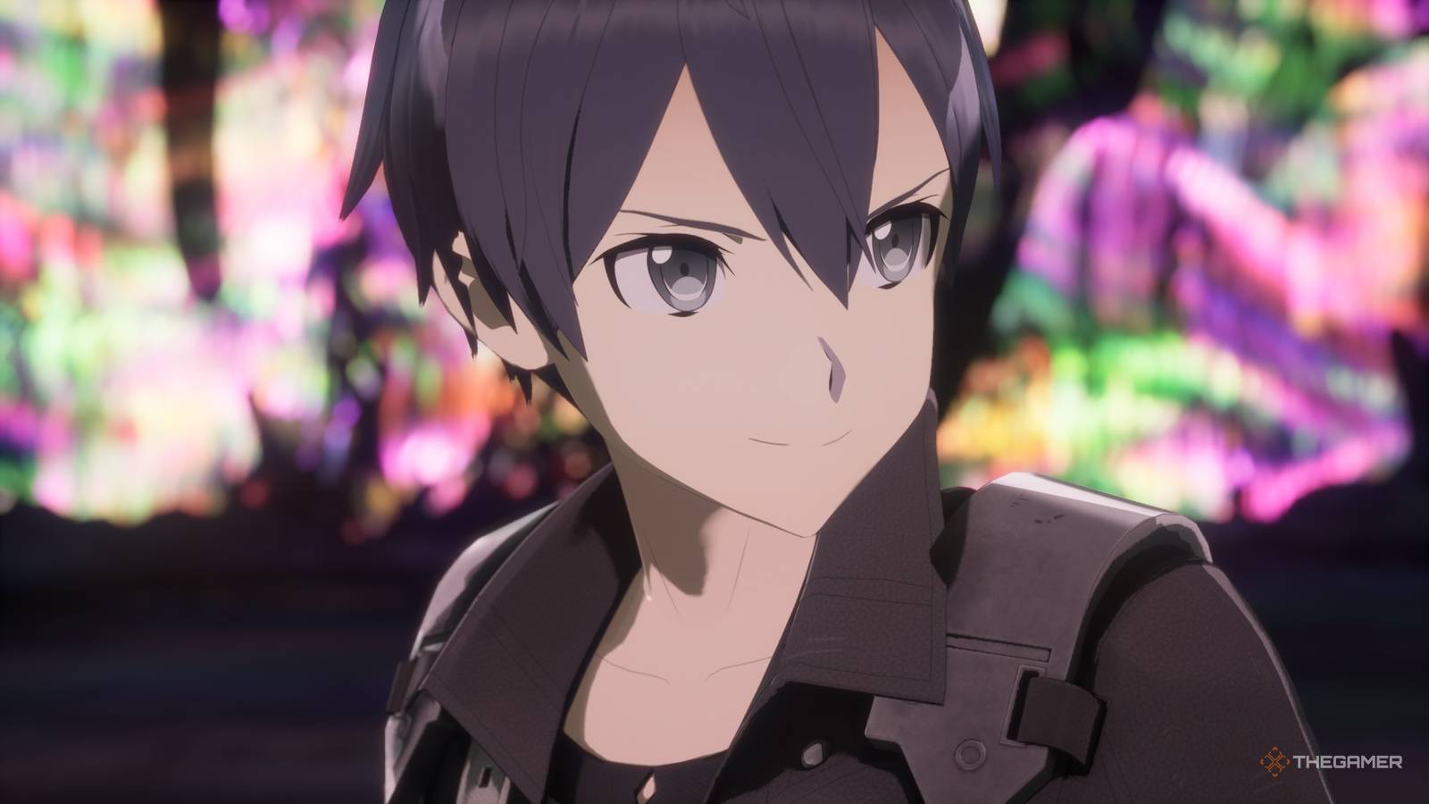 Kirito smiling against a rainbow background in Echoes of Aincrad.