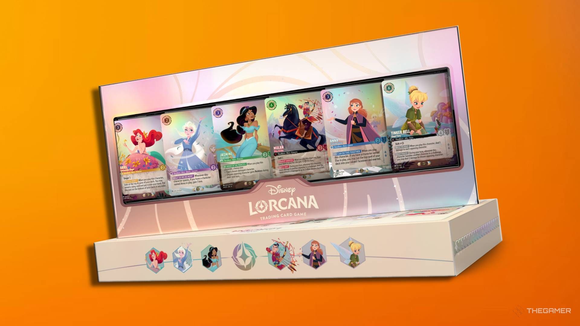 Disney Lorcana's Curator's Collection: Heroines Edition in front of an orange background.