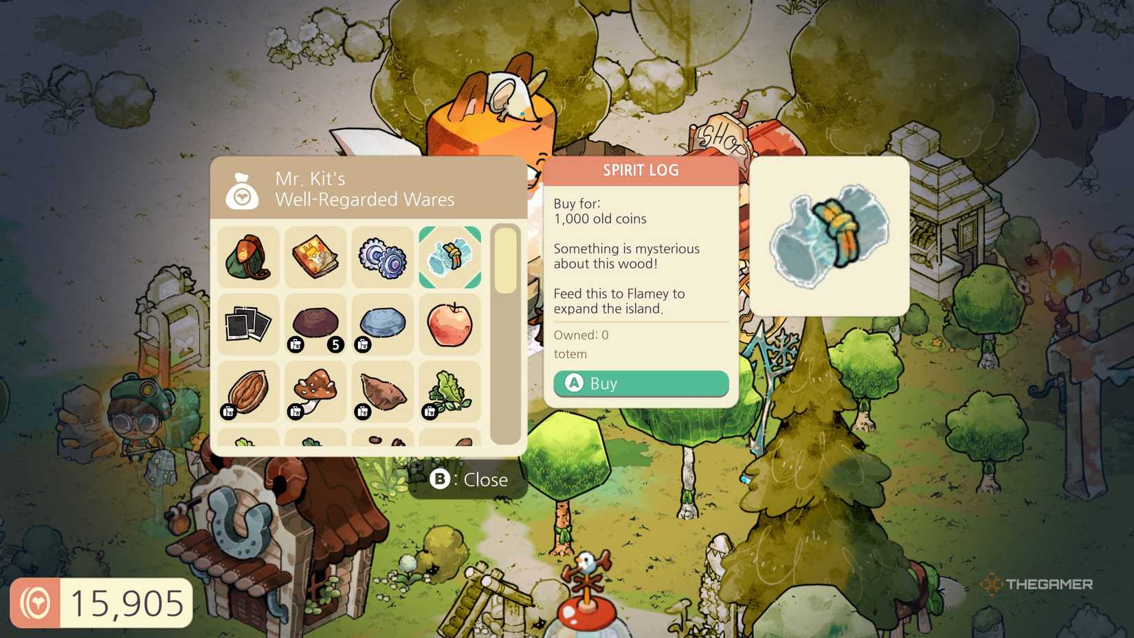 Mr Kit's wares with a Spirit Log in Cozy Grove Camp Spirit.