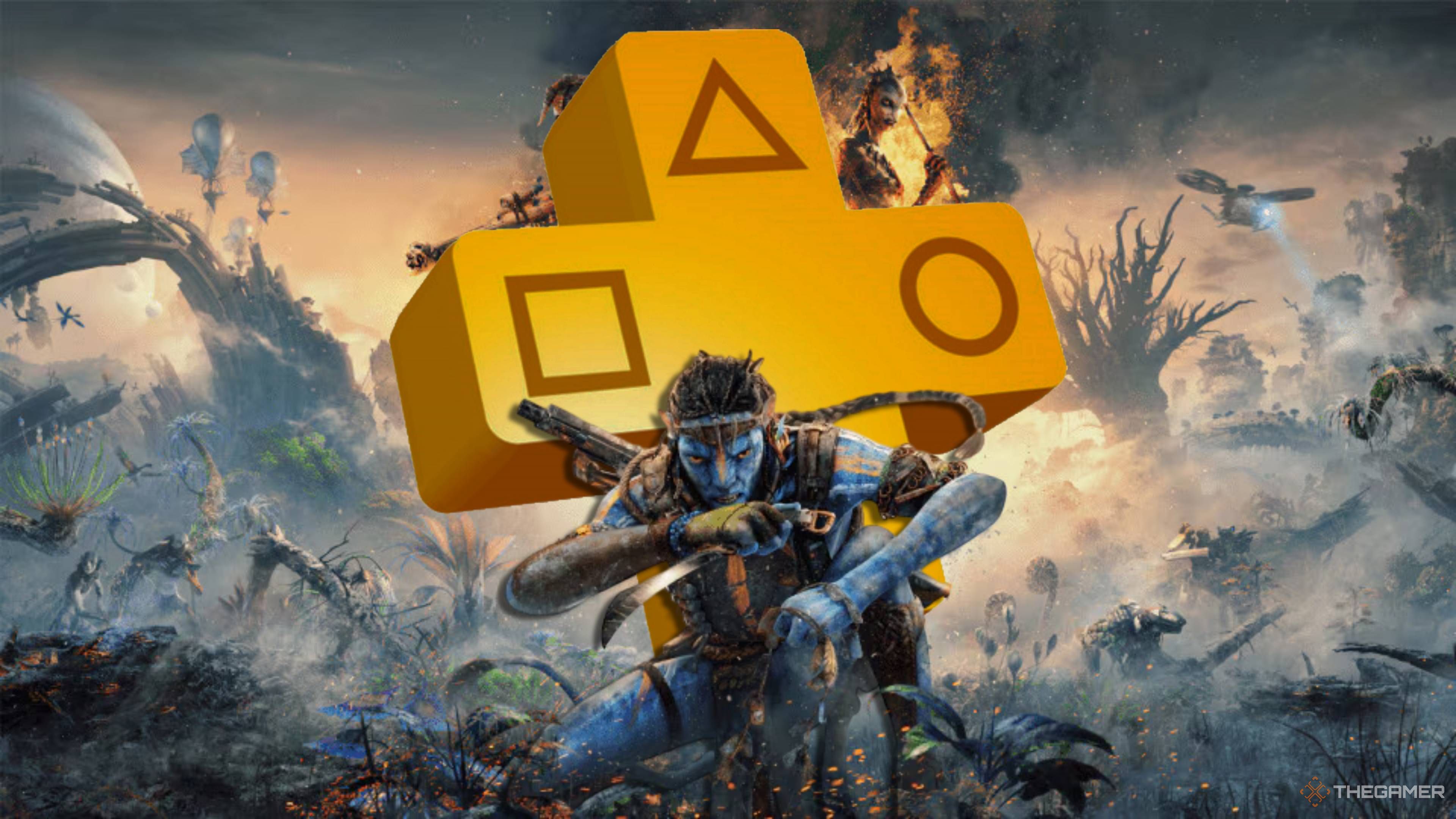 navi standing in front of a ps plus logo in avatar frontiers of pandora.