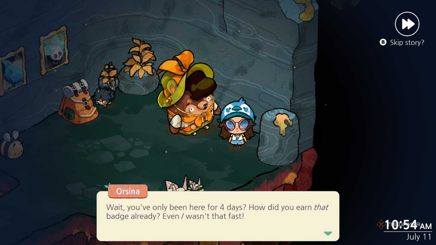 Orsina shocked beside a scout in Cozy Grove Camp Spirit.