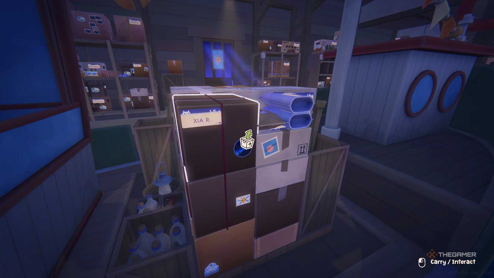 Stacks of packages on a boat in the Cat Mail Co.