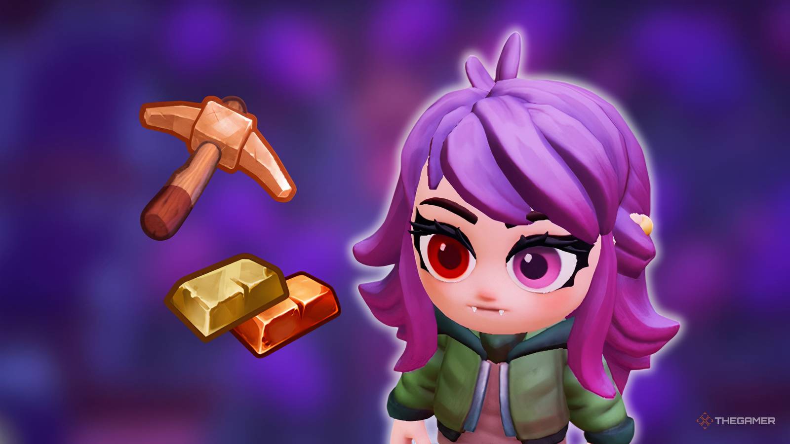 Player next to a Pickaxe and some gold and copper bars from Moonlight Peaks.