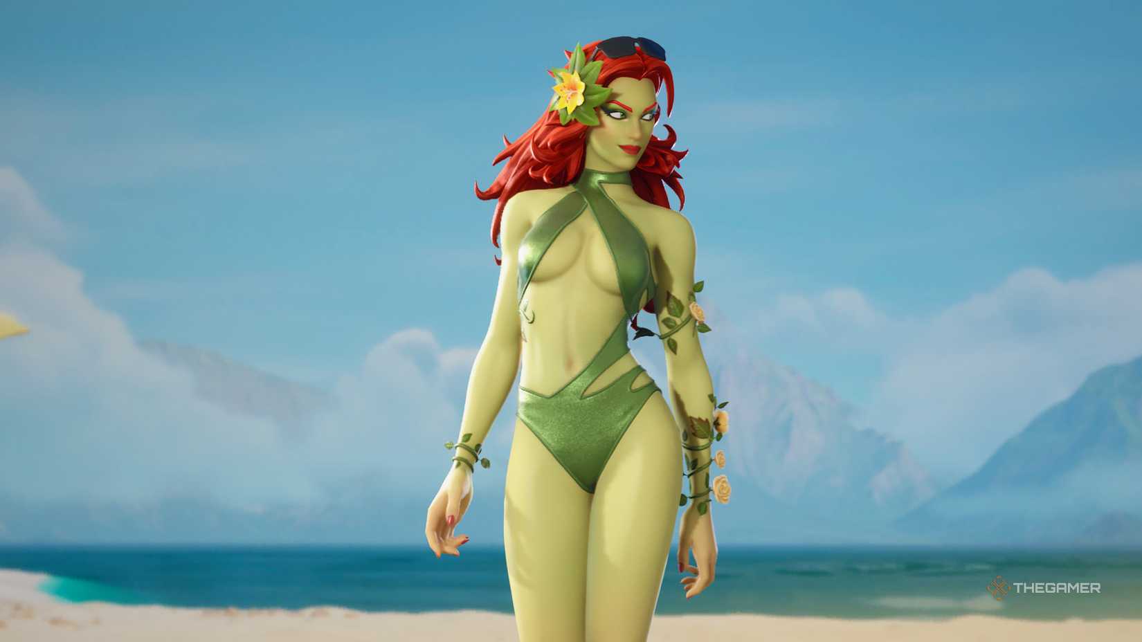 Poison Ivy wearing a bikini at the beach in Fortnite.