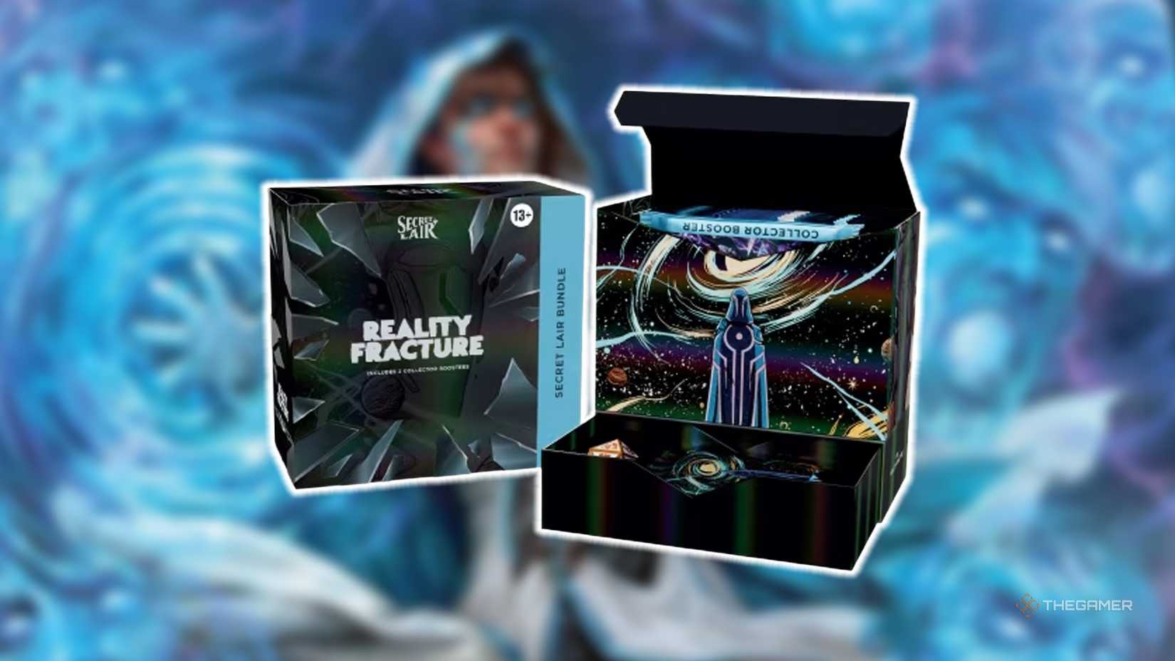 Reality Fracture Secret Lair Bundle Product Shot showcasing card packs, a die, and storage box.