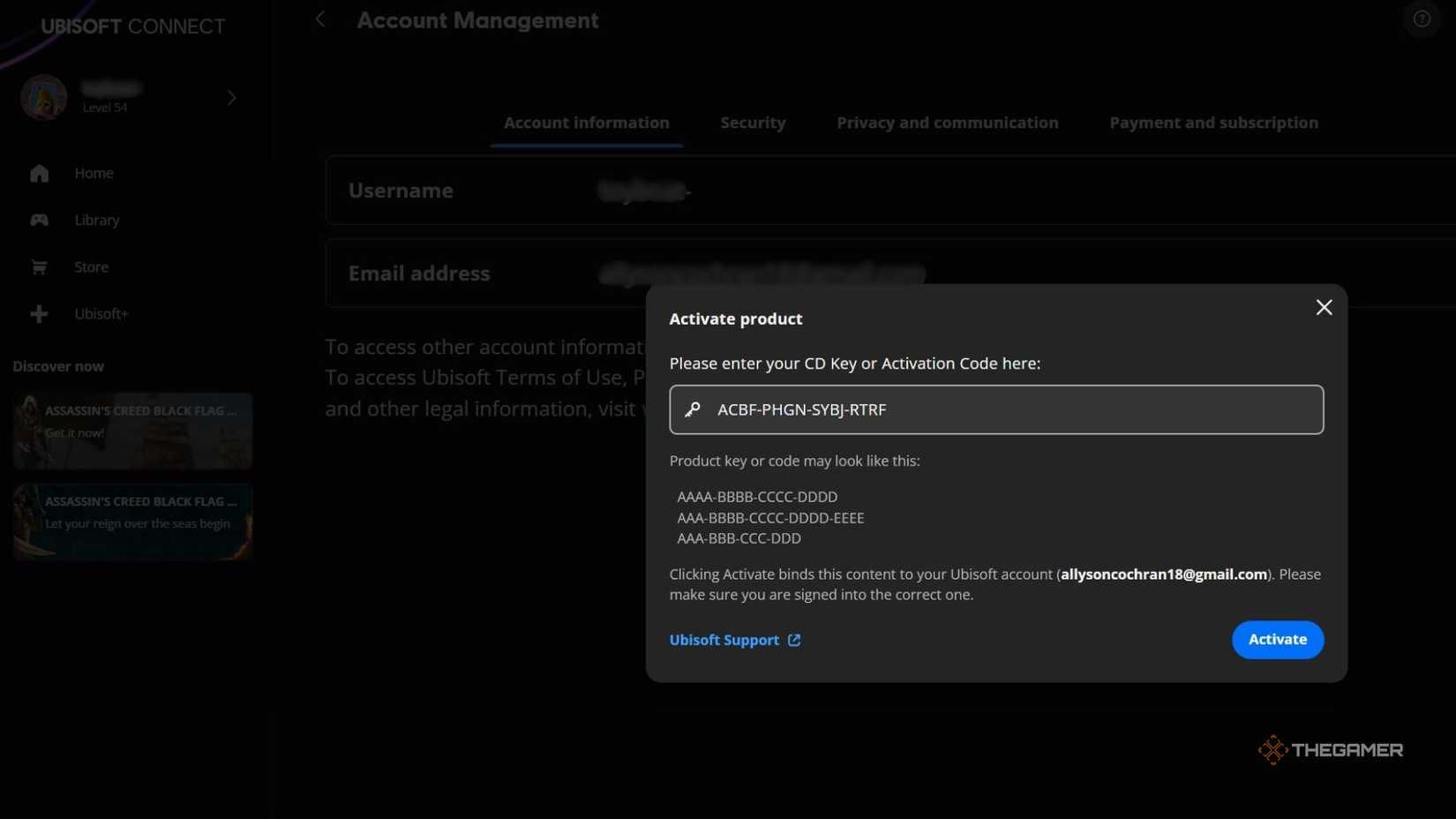 Redeeming a key at Ubisoft Connect.