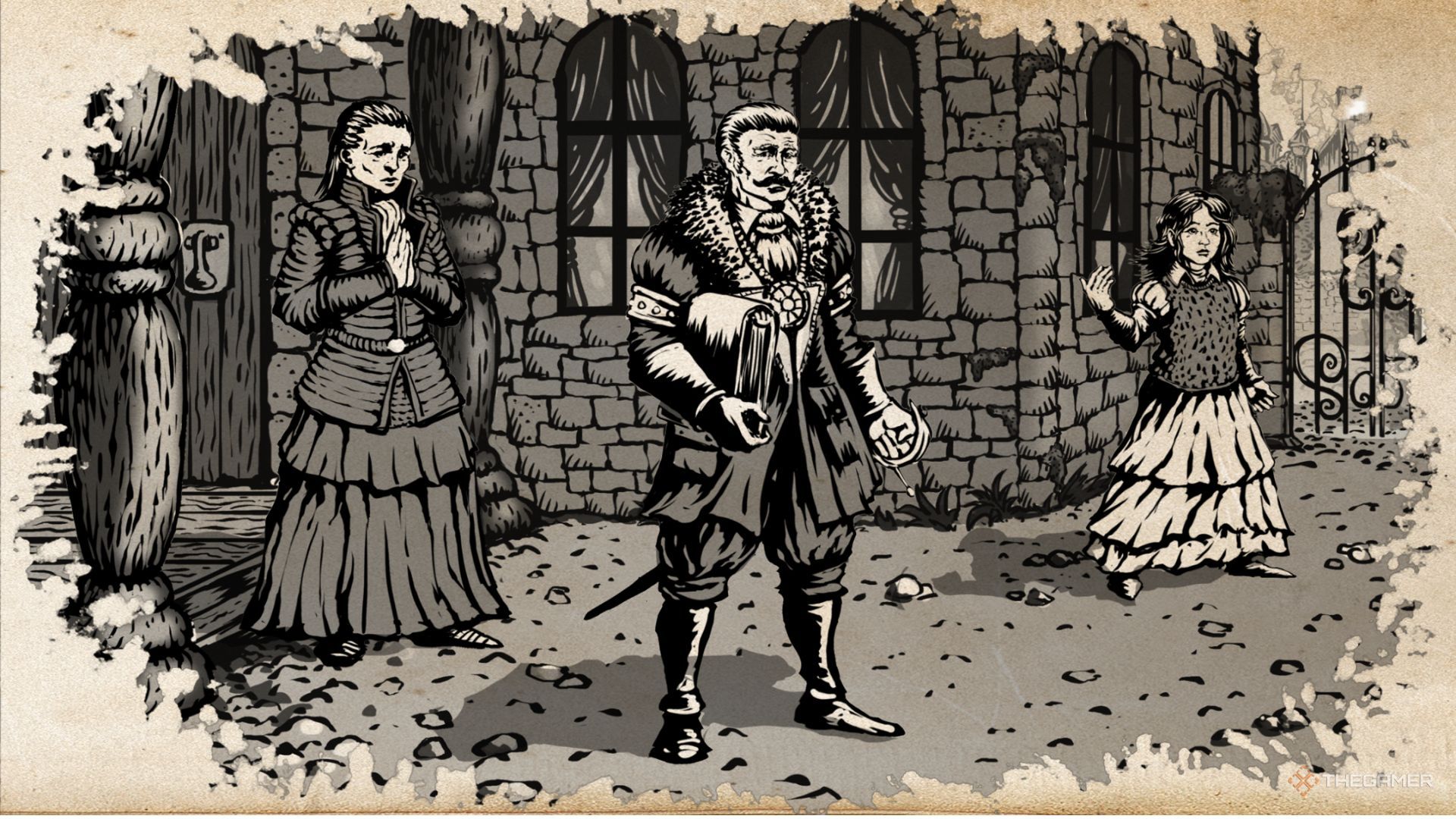 Robert, Lydia, and Gloria Brante on the street at the start of chapter two of The Life and Suffering of Sir Brante.