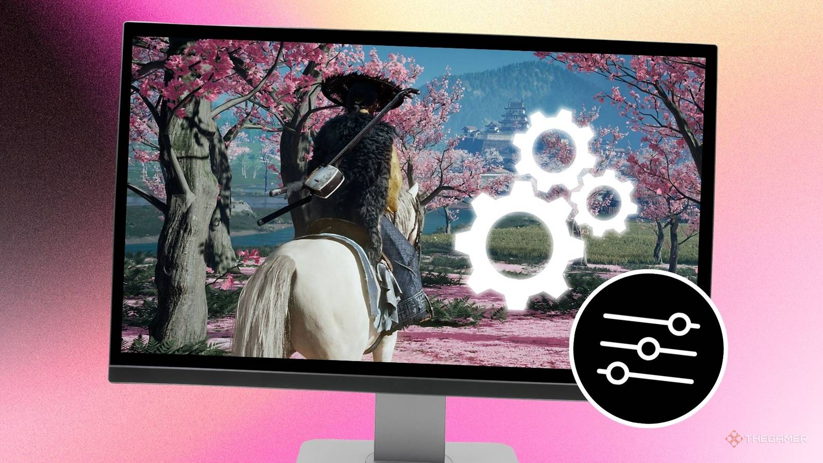 A monitor with a japanese open world game with a settings icon next to it.
