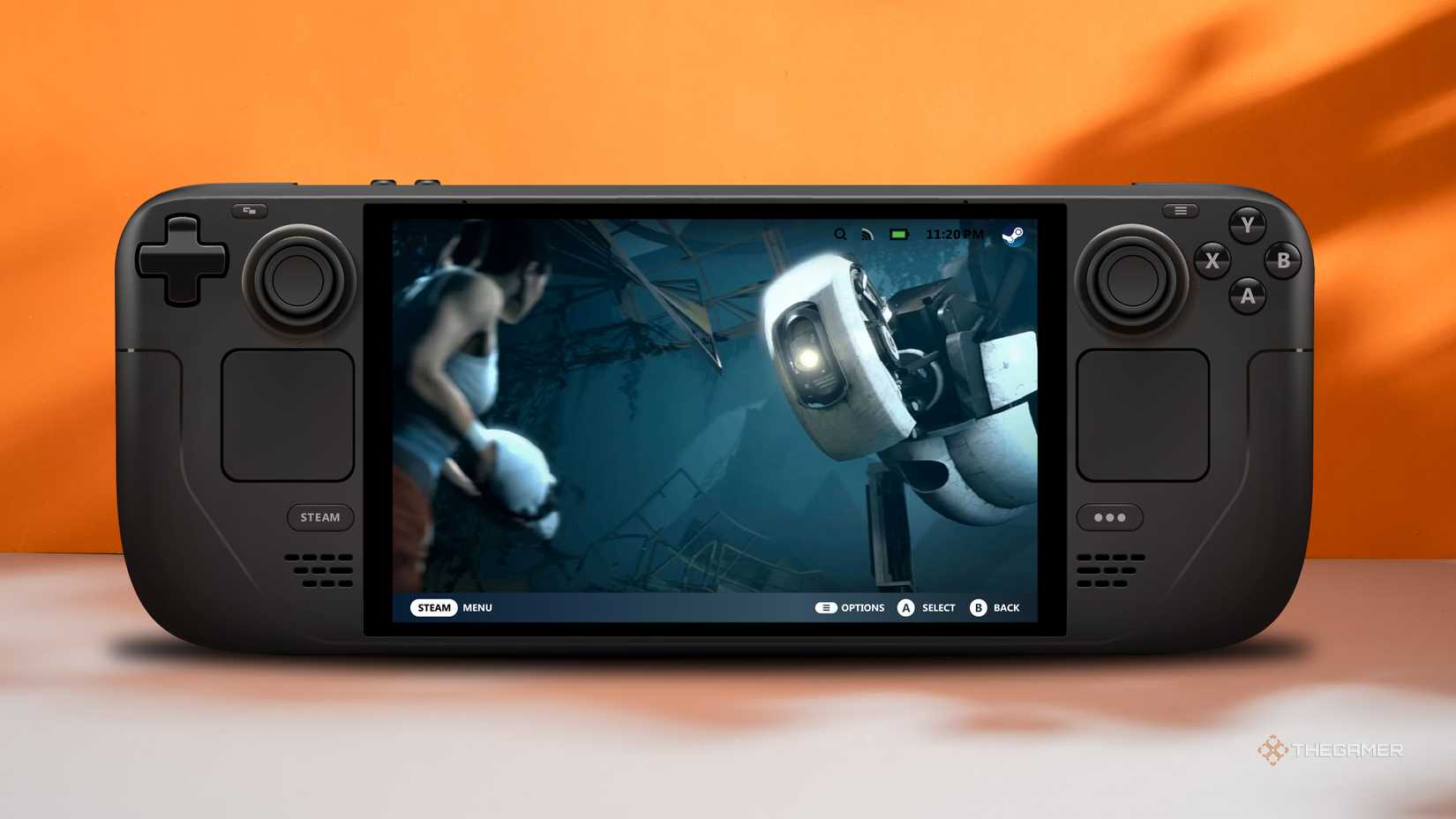 Steam Deck in front of an orange wall, with Portal 2 open showing Chell confronting GLADOS.
