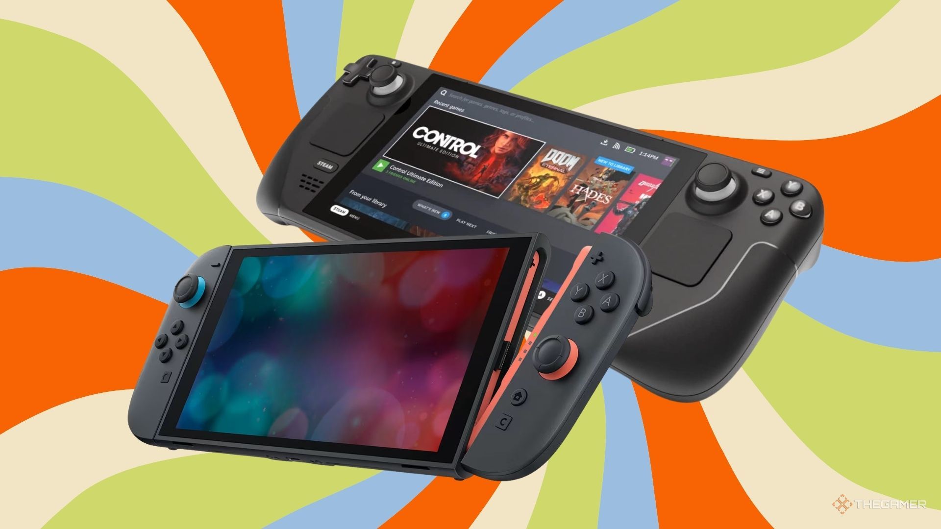 Switch 2 and a Steam Deck in front of a wavy background.