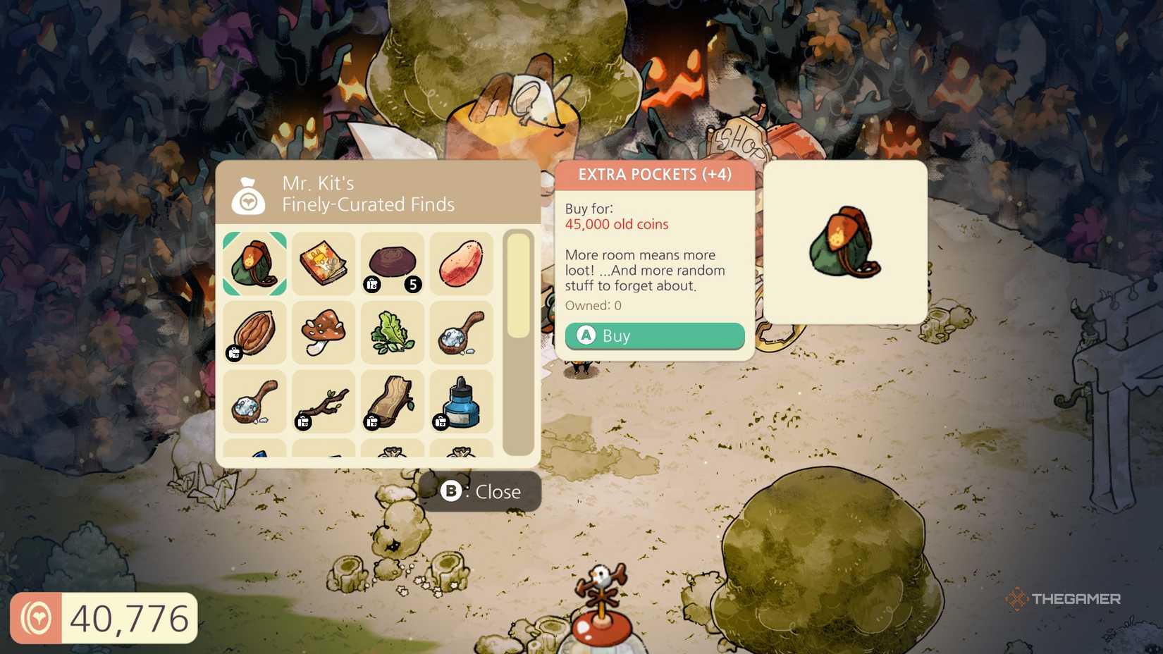 The extra pockets bag upgrade in Mr Kit's shop in Cozy Grove Camp Spirit.