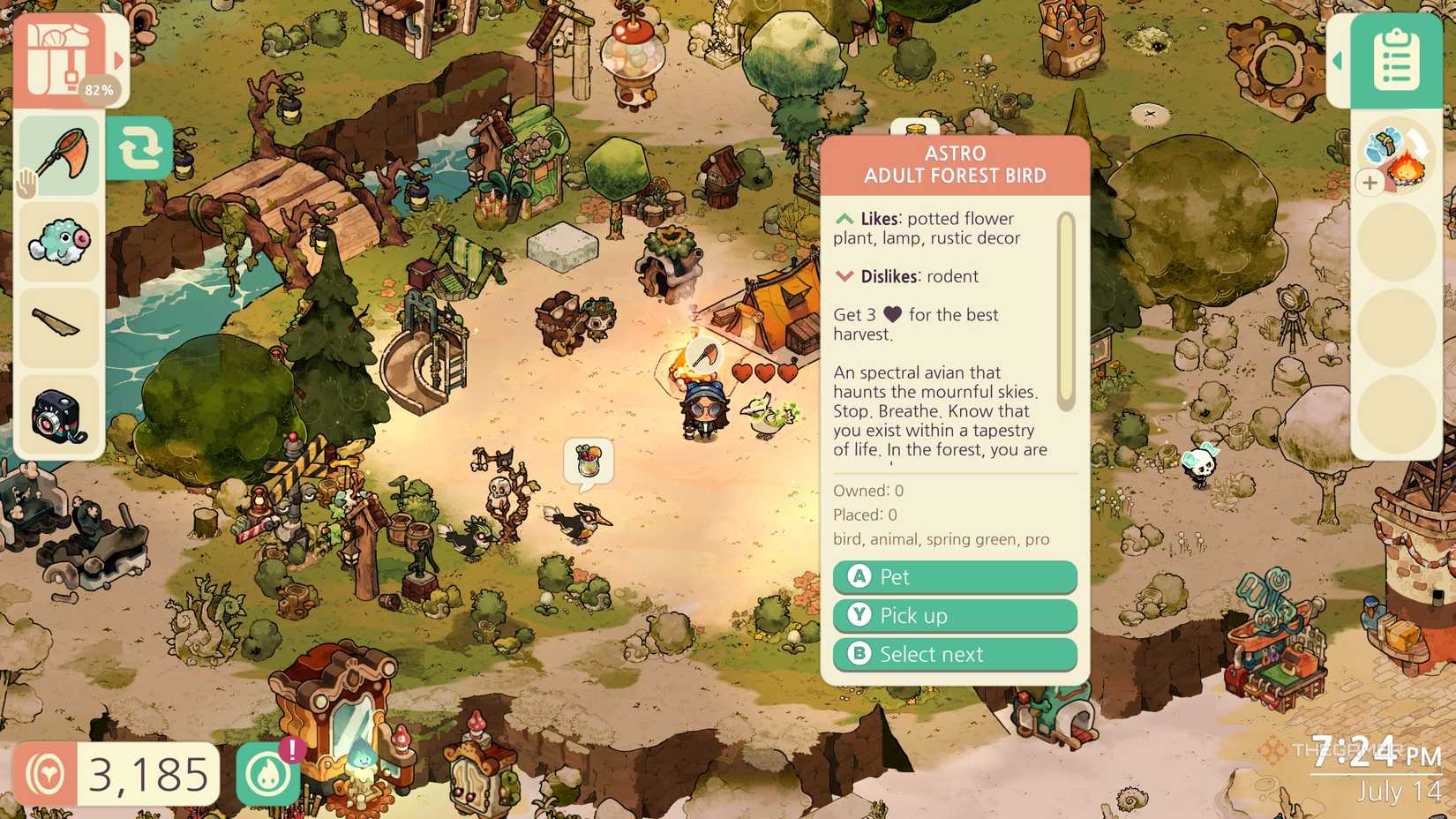 The likes and dislikes of a pet in Cozy Grove Camp Spirit.