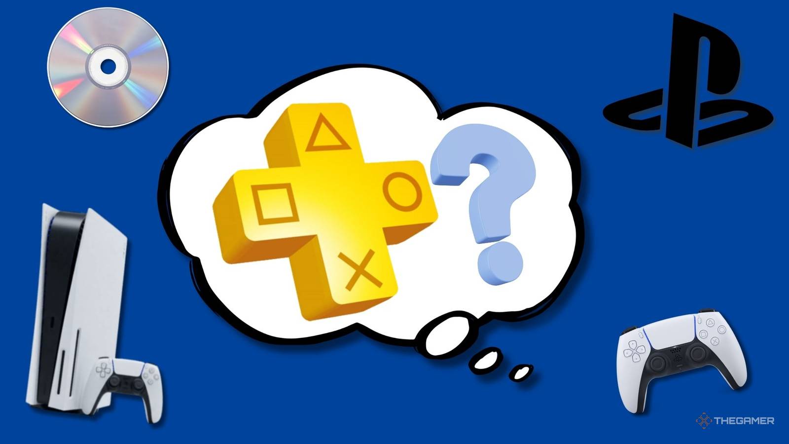 The PlayStstion Plus logo in a thought bubble with a question mark, with a game disc, the PlayStation Logo, a DualSense 5 controller, and a PS5 console on a blue background.