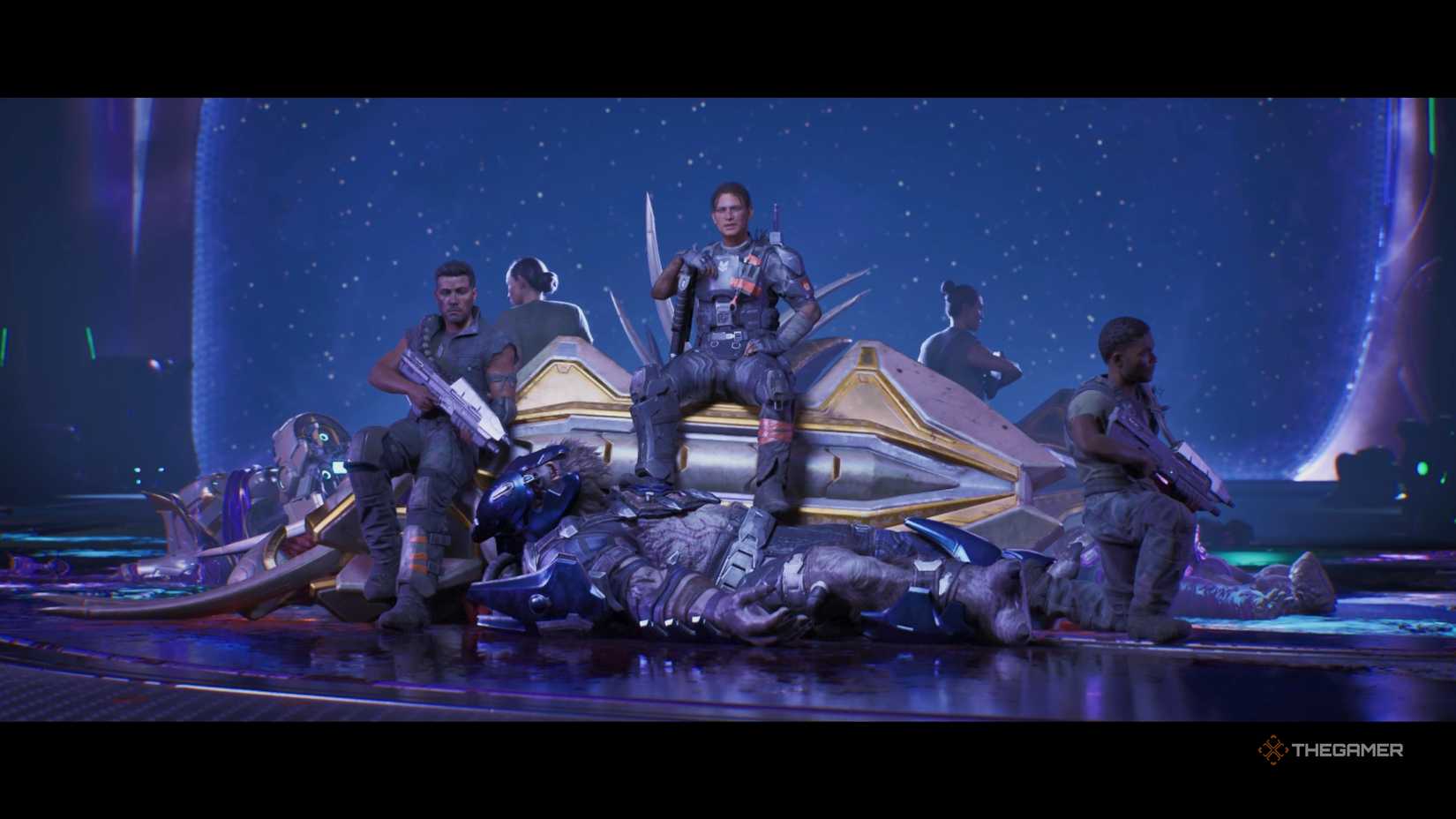 UNSC marines posed over covenant corpses in Halo Campaign Evolved.