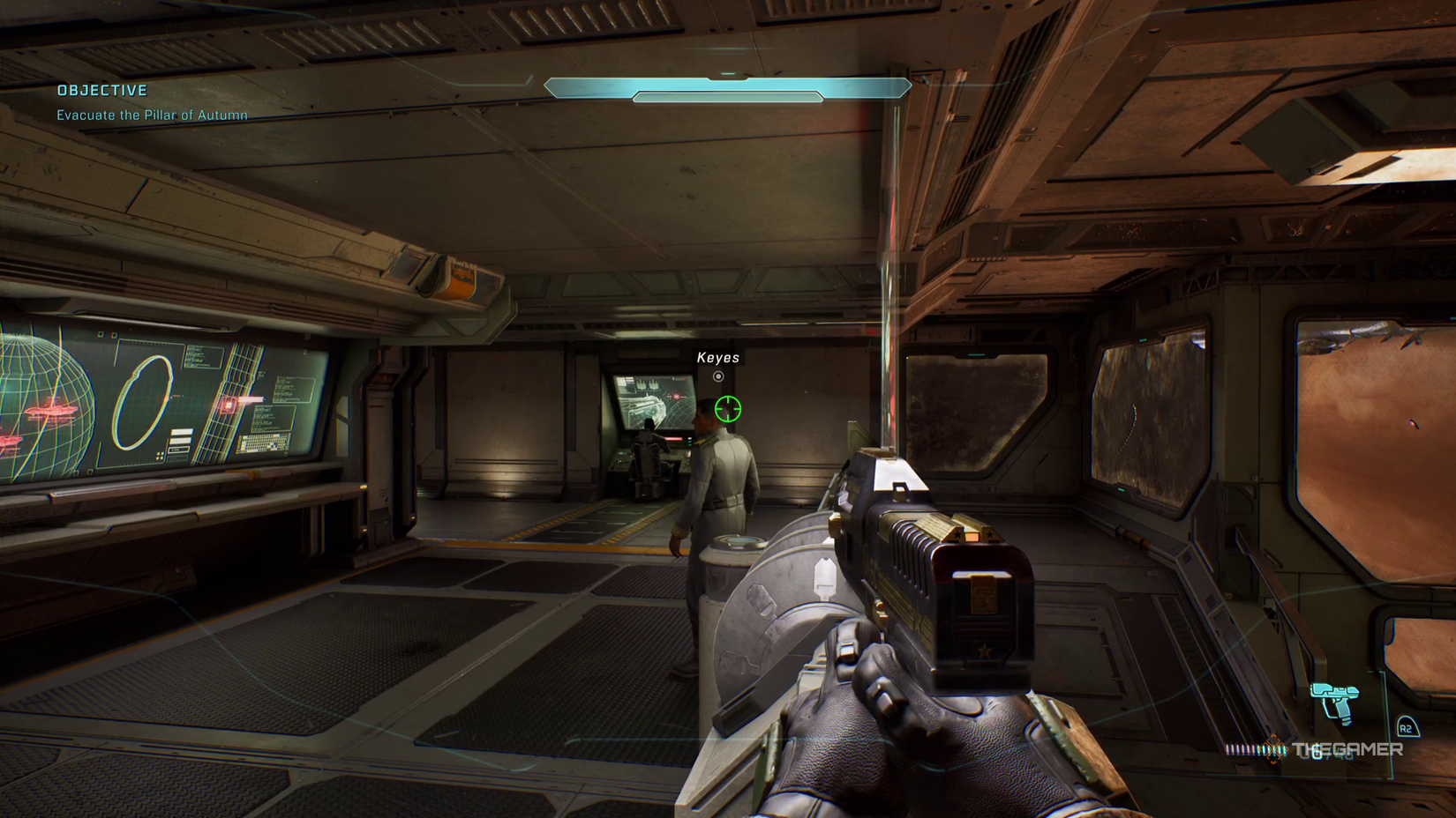 Master Chief points his gun at Captain Keyes in Halo: Campaign Evolved. 