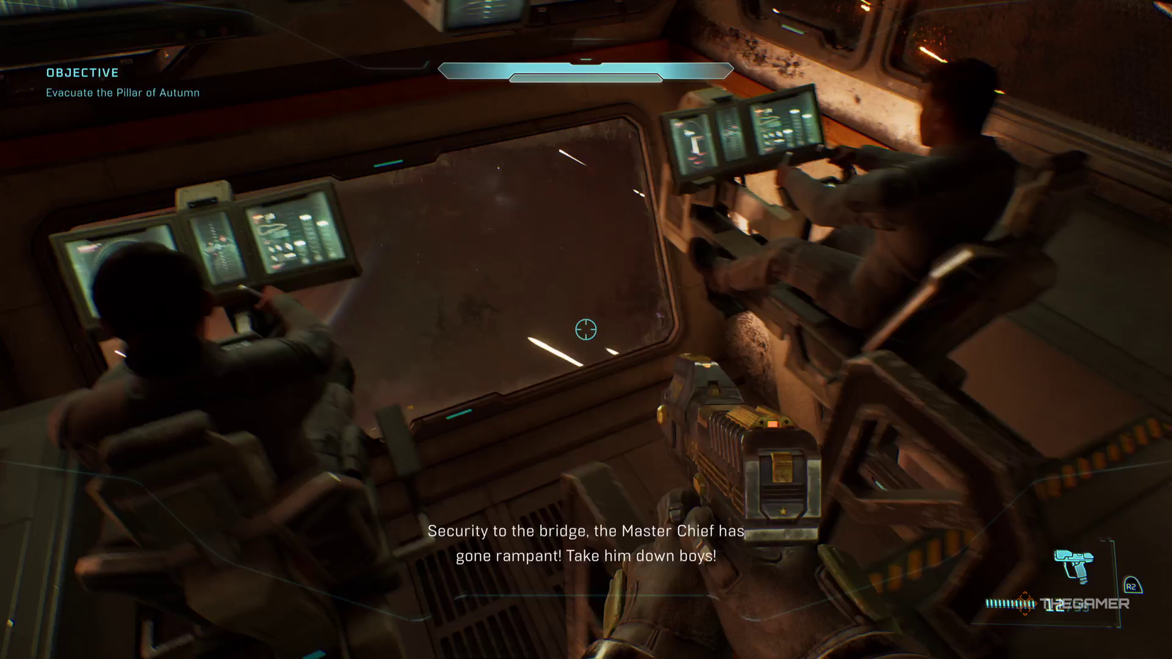 Master Chief stares at the observation pen in Halo: Campaign Evolved. 