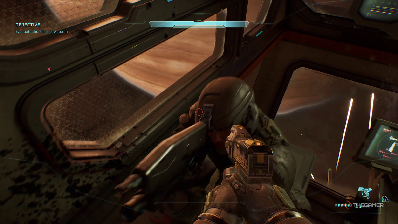 Master Chief pushes a Marine into the observation pen in Halo: Campaign Evolved. 