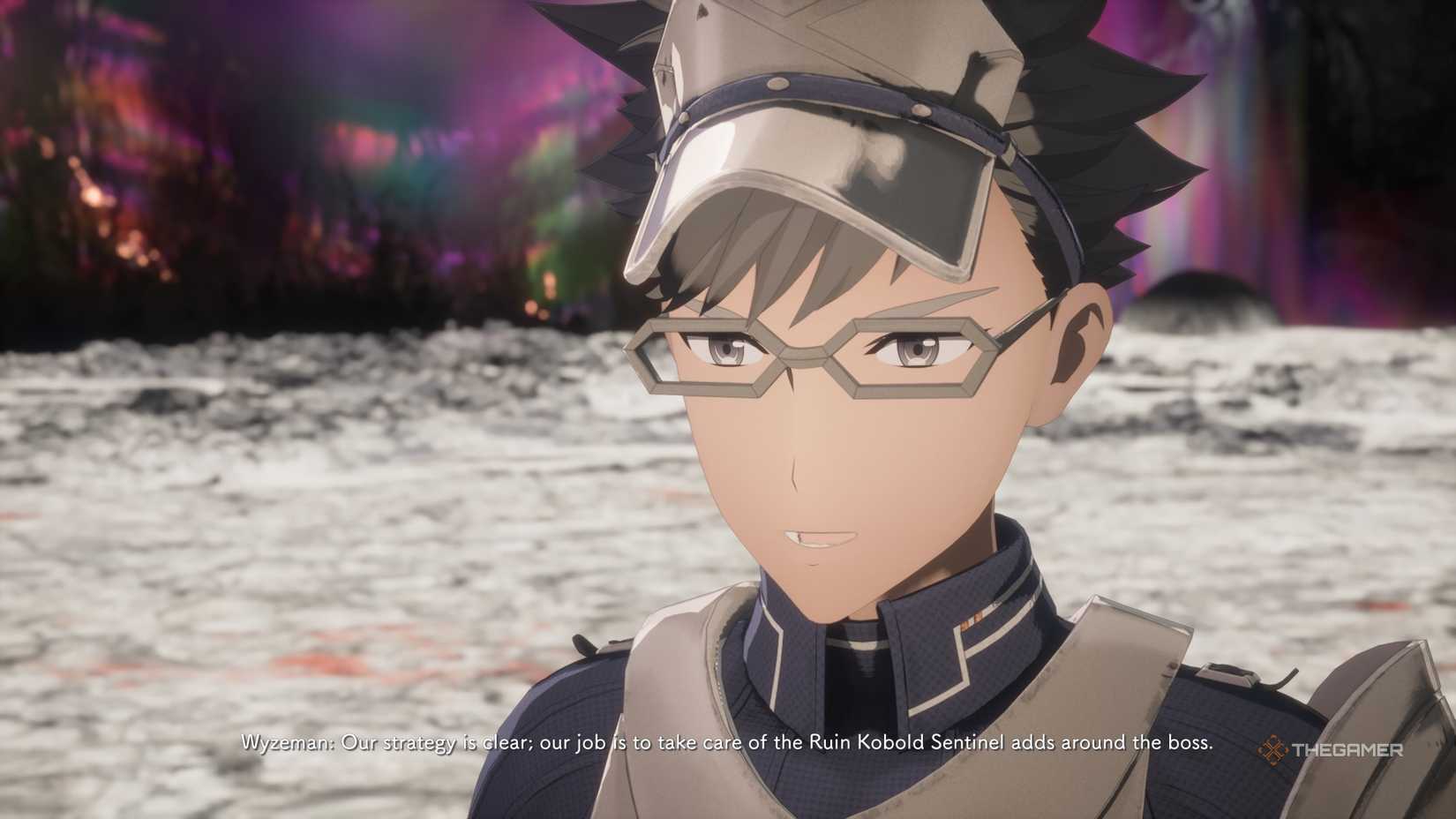 Wyzeman discusses the team's mission during the boss battle on the first floor in Echoes of Aincrad.