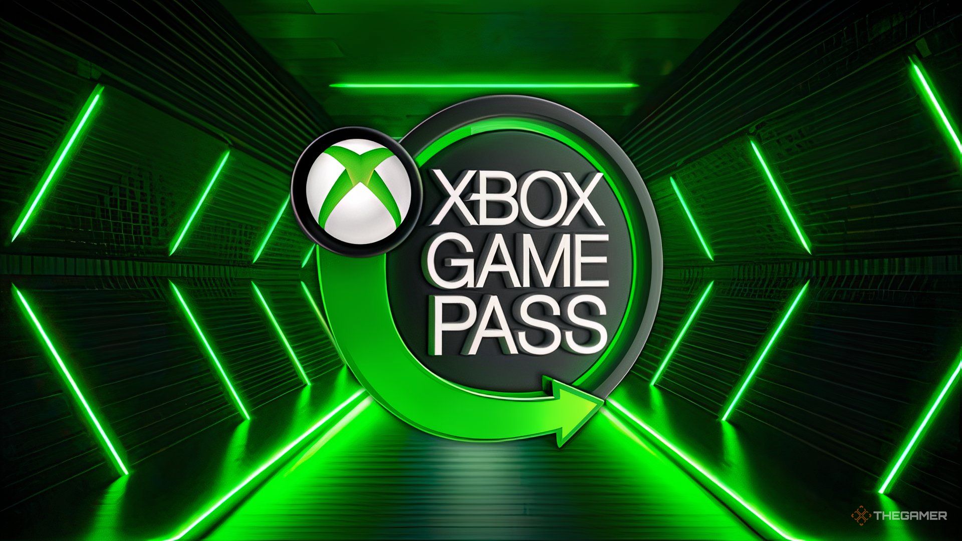 Xbox Game Pass in front of the futuristic green room.