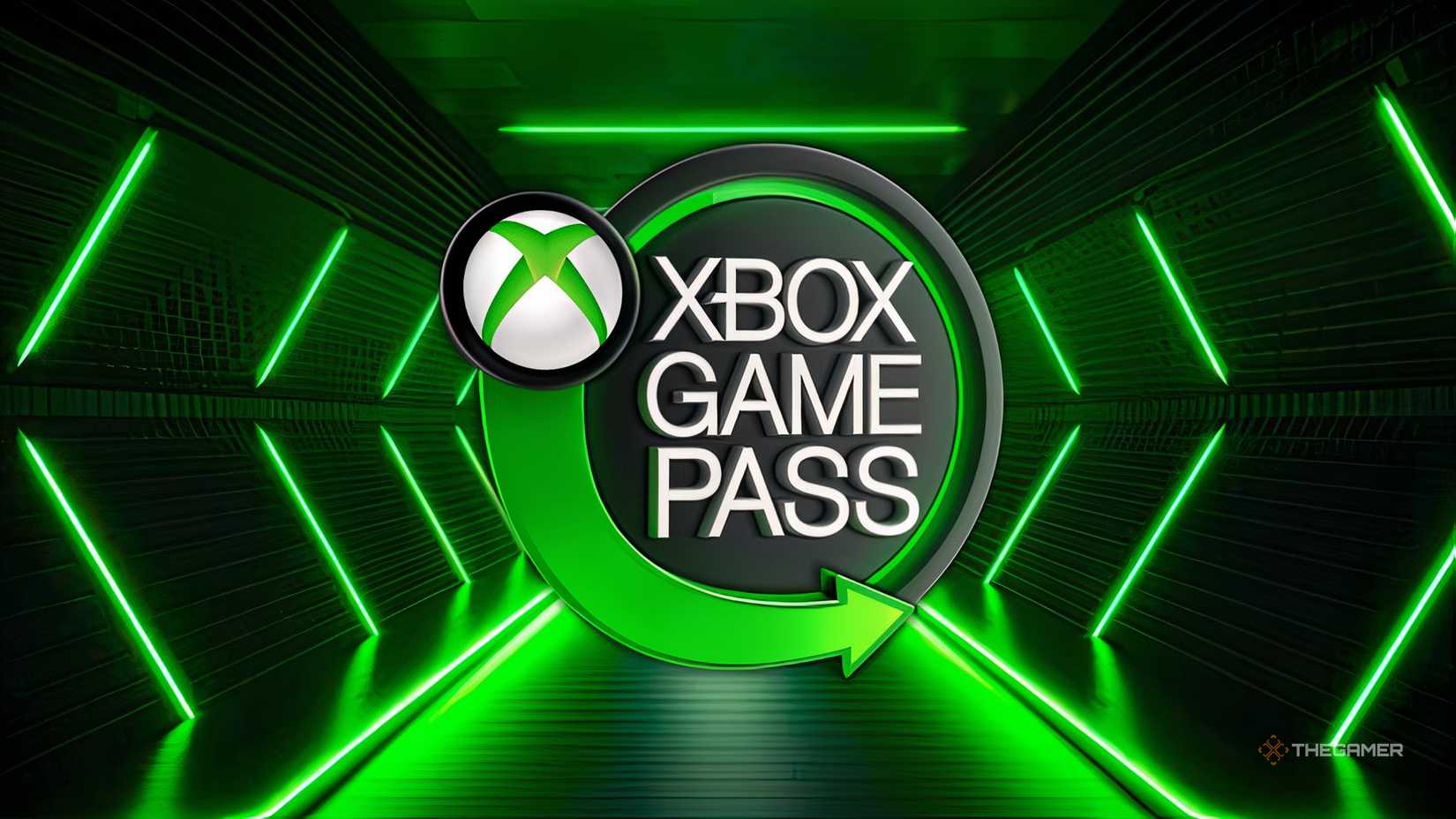Xbox game pass in front of a futuristic green room.