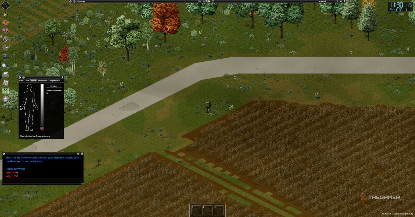 Walking in a field with a friend in Project Zomboid.