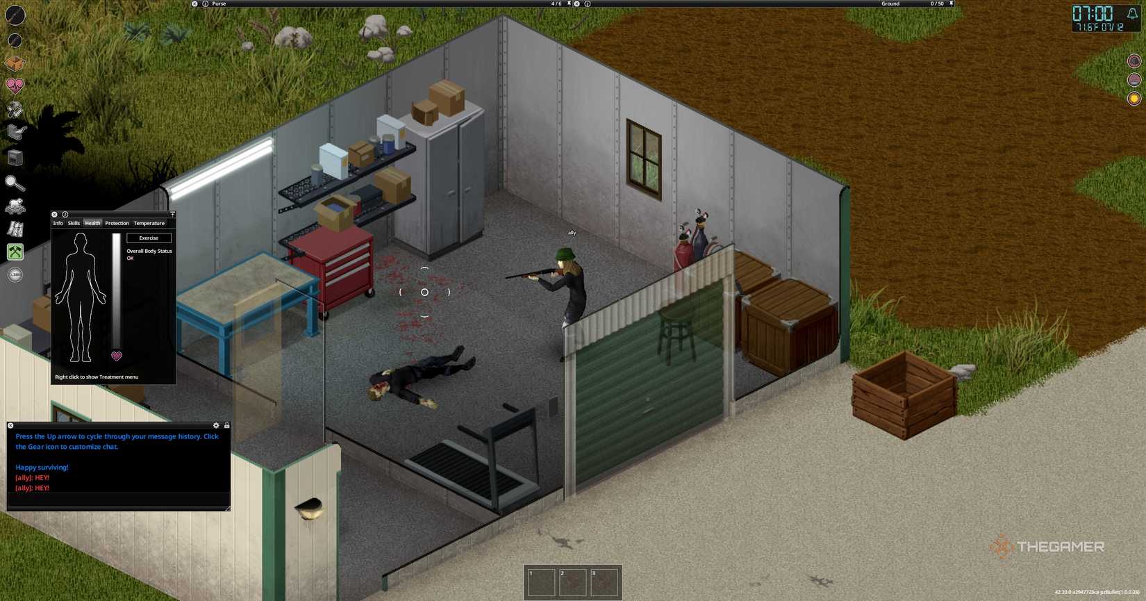 Aiming a shotgun in a building in Project Zomboid.
