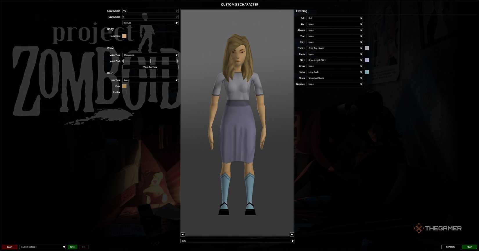 Player creation character screen in Project Zomboid.