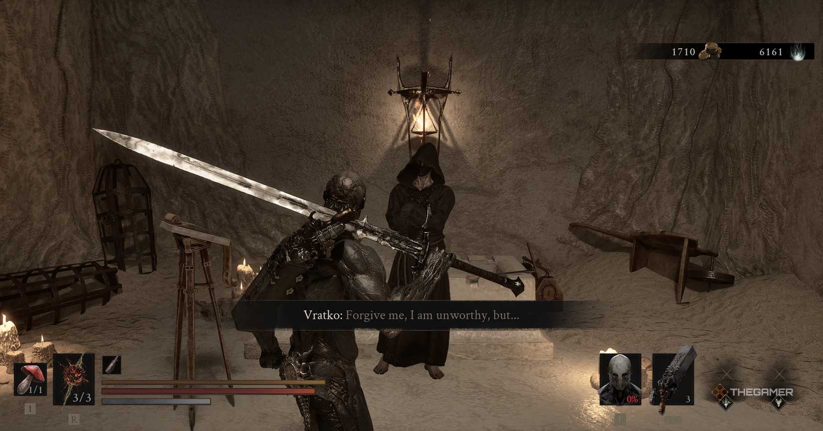 Speaking to an NPC in Mortal Shell 2.