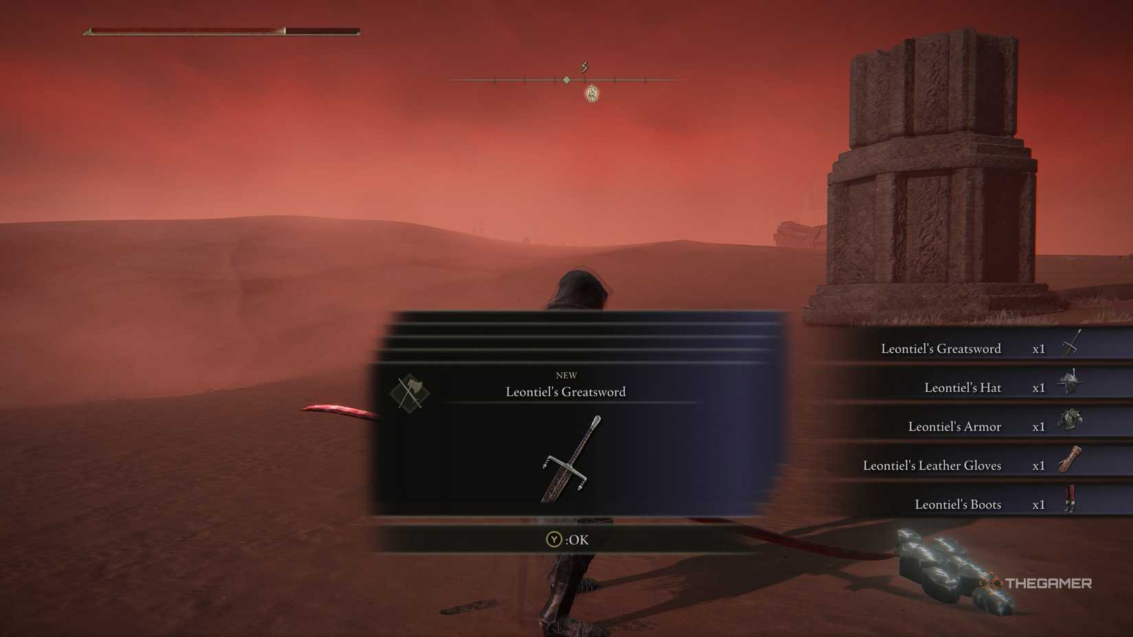 A player locating Leontiel's Greatsword and armor in Elden Ring Tarnished Edition.