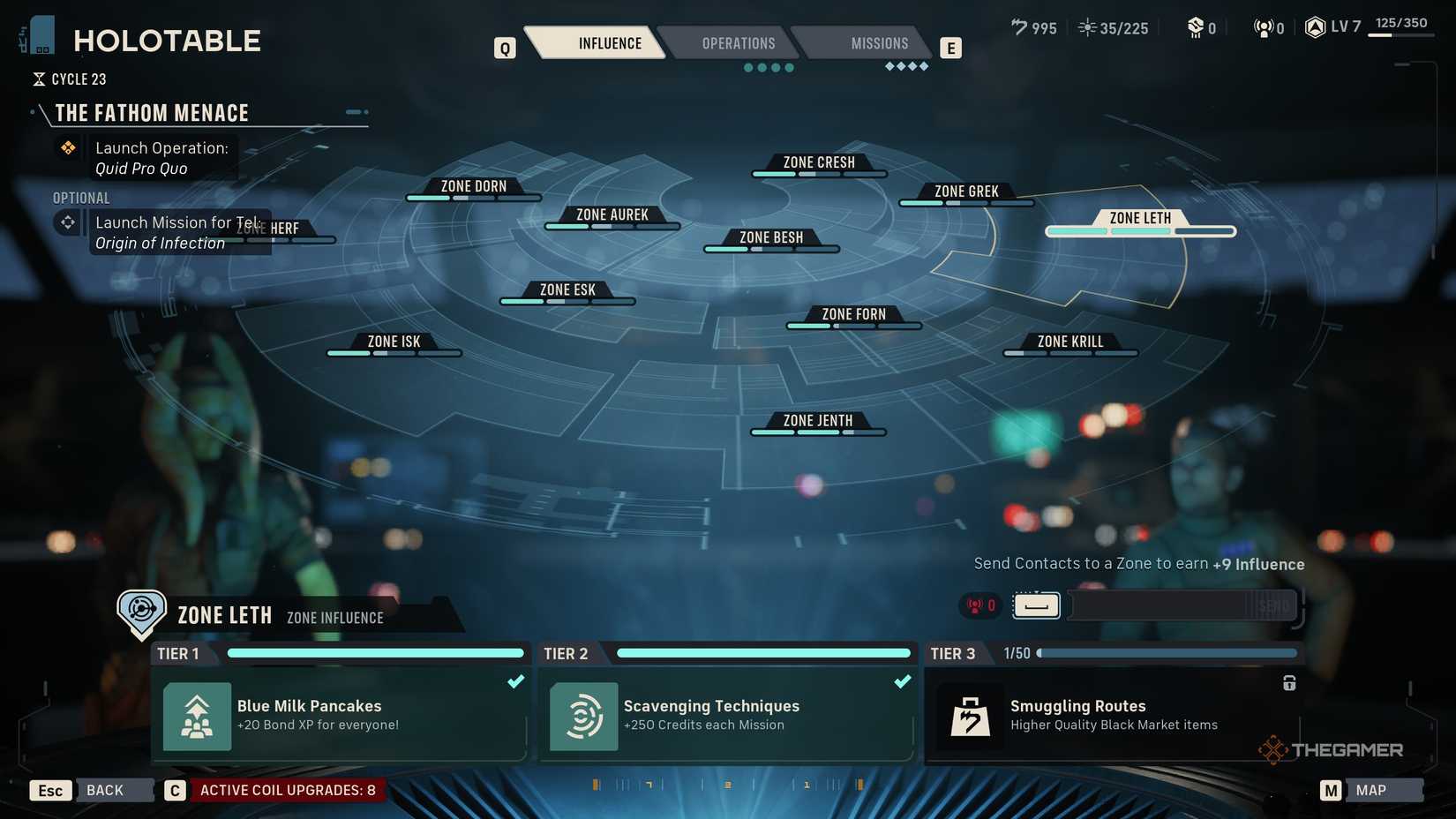 A player earning Influence and Contacts in Star Wars Zero Company.