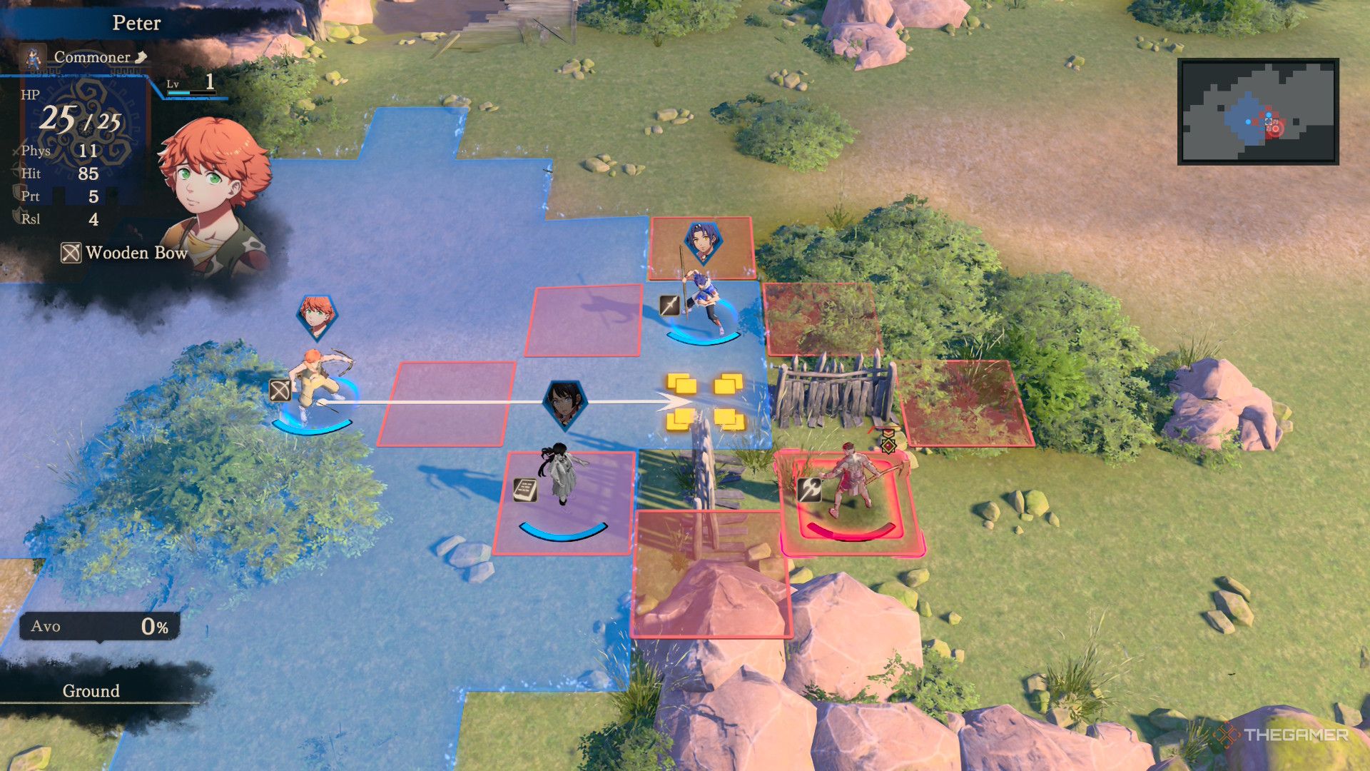 A battle with an archer being directed in Fire Emblem Fortune's Weave.