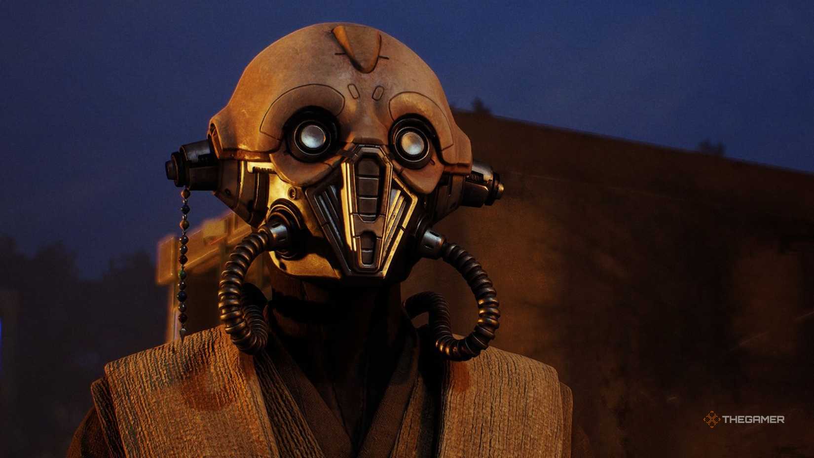 A close up of Tel-Rea, a Jedi padawan in Star Wars Zero Company. she is wearing a full mask with tubes attached.