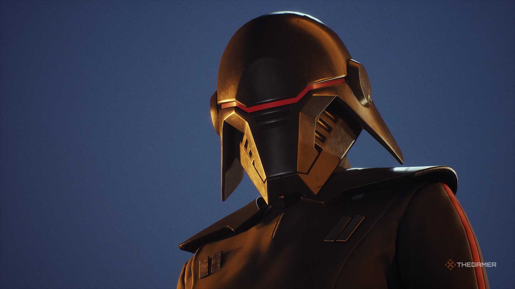 A close up of Trilla, the Second Sister, in Star Wars Zero Company. She is wearing all black with an evil looking black helmet with a red visor