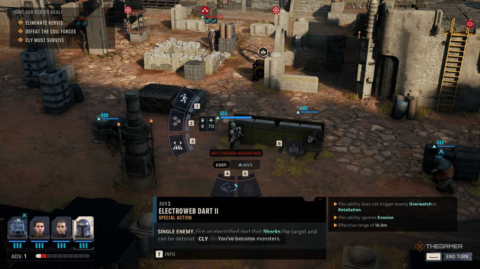 A combat screen in Star Wars Zero Company, showing a wheel of different abilities players can use