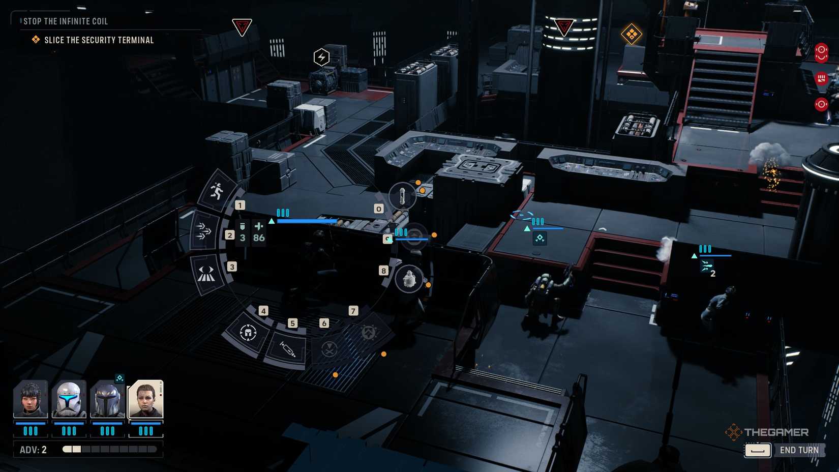 A combat screen in Star Wars Zero Company, showing the characters on a space station, while the player selects an ability